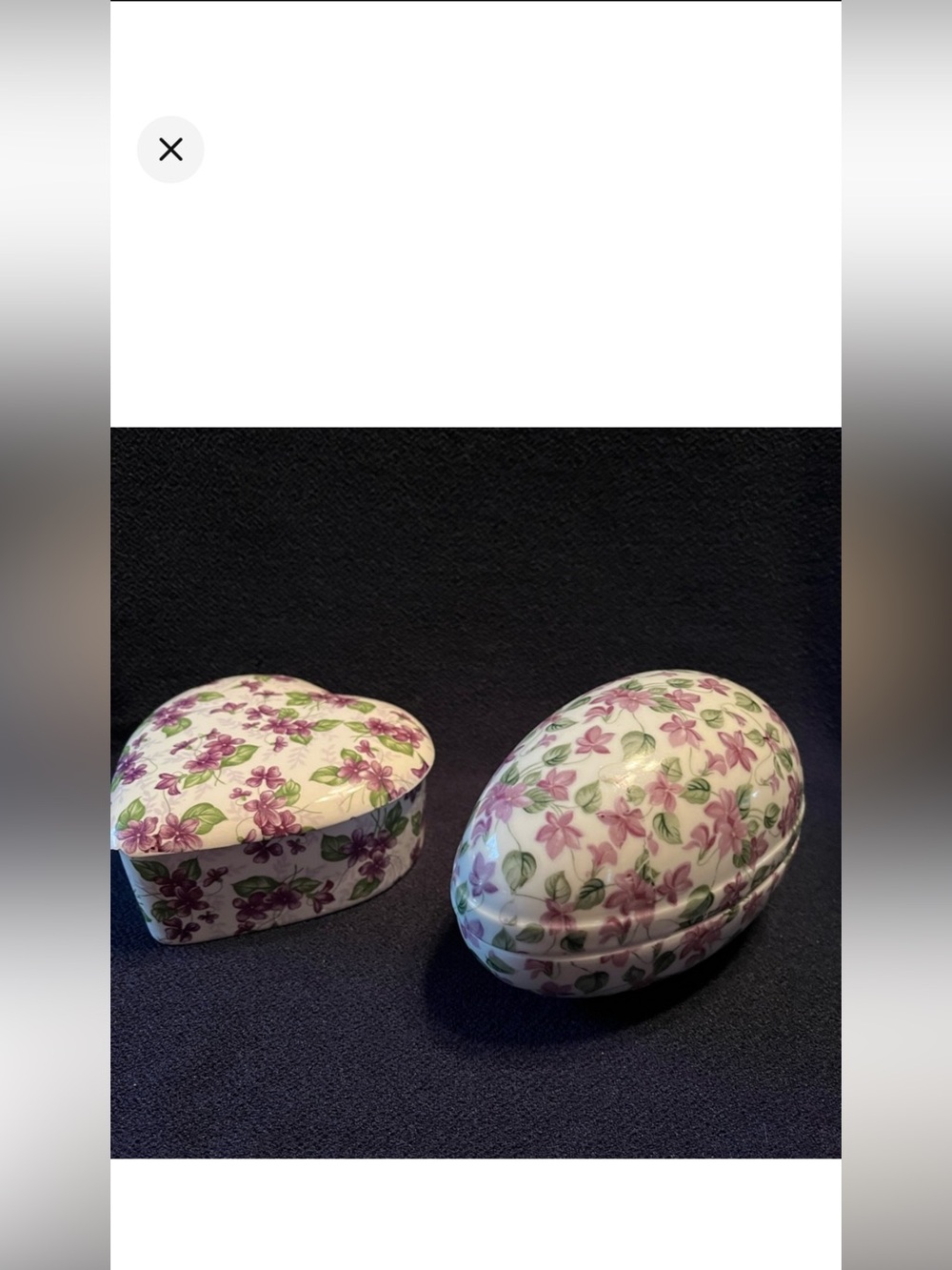 Vintage Norcrest porcelain Heart and Egg-Shaped Trinket Boxes with Violet design
